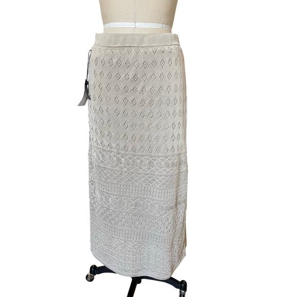 NWT Callahan Knitwear Cream Pointelle Faux Wrap Maxi Skirt Size Large - Picture 1 of 7